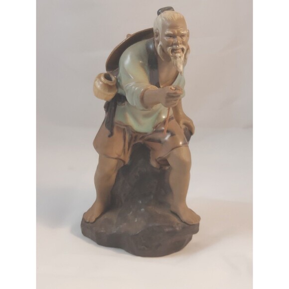 Vintage Chinese Shiwan Artistic Ceramic Mudman Fisherman Glazed Figurine 8" tall - Picture 6 of 10